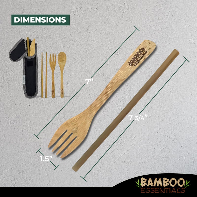 Bamboo Essentials Travel Utensils with Case Set Fork, Knife, Spoon, Chopsticks, Straw, Straw-cleaning brush, Travel Pouch and Carabiner, Excellent For Everyday Use! ((1Set) Midnight Black) - Image 5